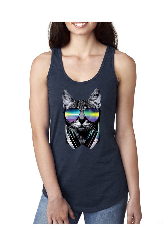 DJ Kitty Cat with Headphones | Womens Cat Lover Jersey Racerback Tank Top, Navy, Large