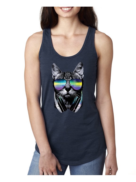 DJ Kitty Cat with Headphones | Womens Cat Lover Jersey Racerback Tank Top, Navy, Small