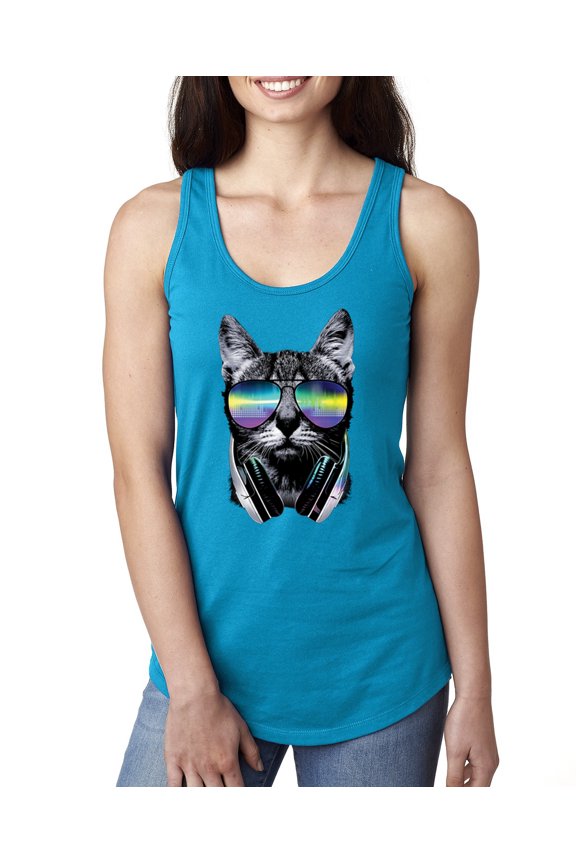 DJ Kitty Cat with Headphones | Womens Cat Lover Jersey Racerback Tank Top, Turquoise, Small