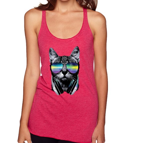 DJ Kitty Cat with Headphones | Womens Cat Lover Premium Tri-Blend Racerback Tank Top, Shocking Pink, Large