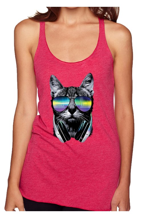 DJ Kitty Cat with Headphones | Womens Cat Lover Premium Tri-Blend Racerback Tank Top, Shocking Pink, Small
