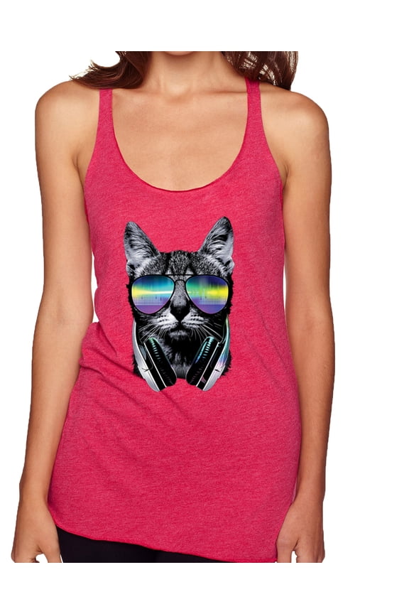 DJ Kitty Cat with Headphones | Womens Cat Lover Premium Tri-Blend Racerback Tank Top, Shocking Pink, Small
