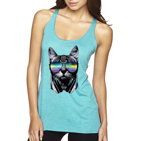 DJ Kitty Cat with Headphones | Womens Cat Lover Premium Tri-Blend Racerback Tank Top, Tahiti Blue, Large