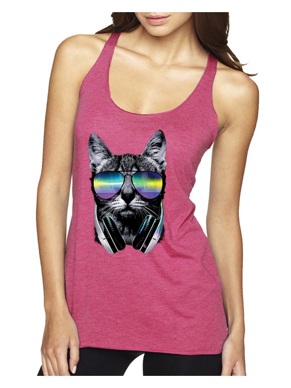 DJ Kitty Cat with Headphones | Womens Cat Lover Premium Tri-Blend Racerback Tank Top, Vintage Pink, Small