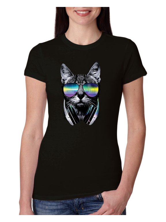 DJ Kitty Cat with Headphones | Womens Cat Lover Slim Fit Junior Tee, Black, Medium