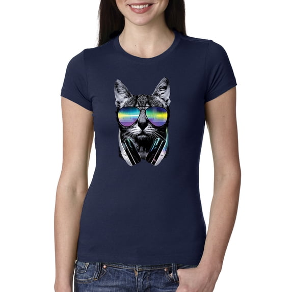 DJ Kitty Cat with Headphones | Womens Cat Lover Slim Fit Junior Tee, Navy, 2XL