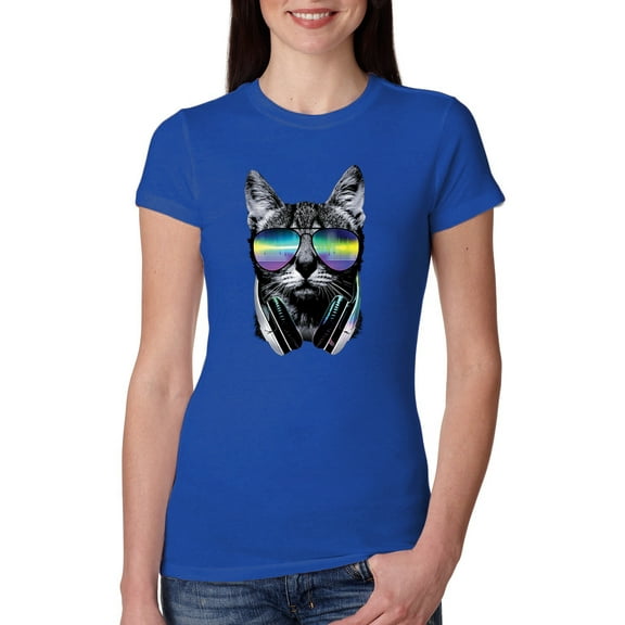 DJ Kitty Cat with Headphones | Womens Cat Lover Slim Fit Junior Tee, Royal, Large