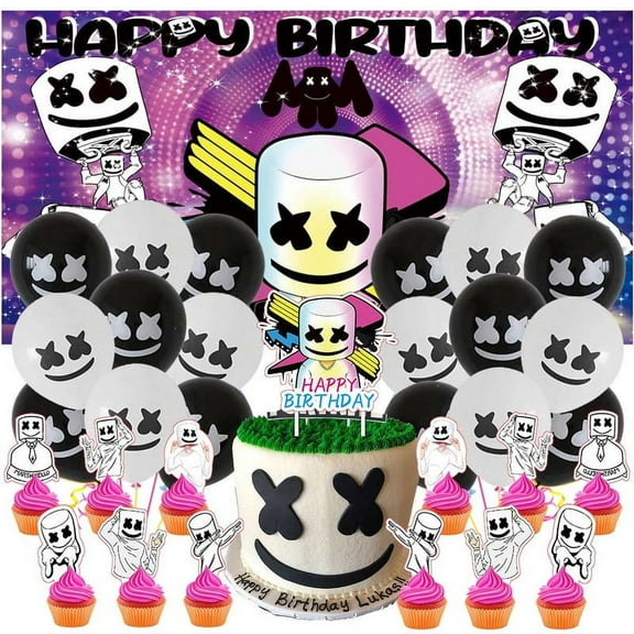 DJ Marshmello Party Supplies Decor Birthday Banner Decorations Kit Latex Balloons Backdrop Cake Topper
