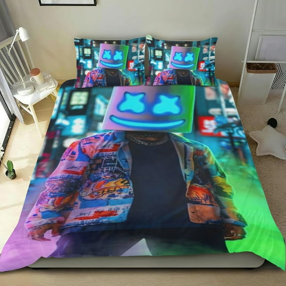 DJ Mask Marshmello Themed Bed Sheet Set Three Piece Set 68x86 In ches Comfortable And Skin Friendly Unique Design Creating A Star Studded Night Home Decor Gifts For Family Friends fans