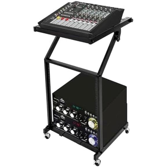DJ Mixer Stand Adjustable Rack, 2 Layer Rack Mount Mixer Case Stand with 4 Universal Wheels Supporting Crossbars and Adjustable Angle Studio Adjustable Stage Cart for Home, Office Concert Venues Etc