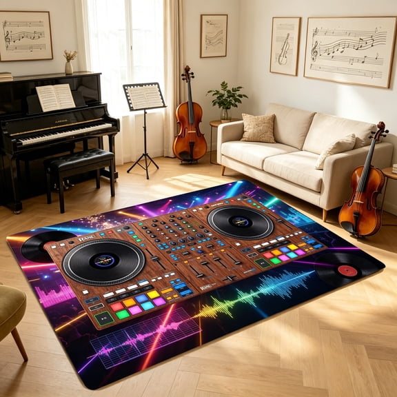 DJ Mixer Vinyl Sound Wave Light Up Floor Mat, Bedroom Kitchen Decor Mat, Festival Gift for Music Fans