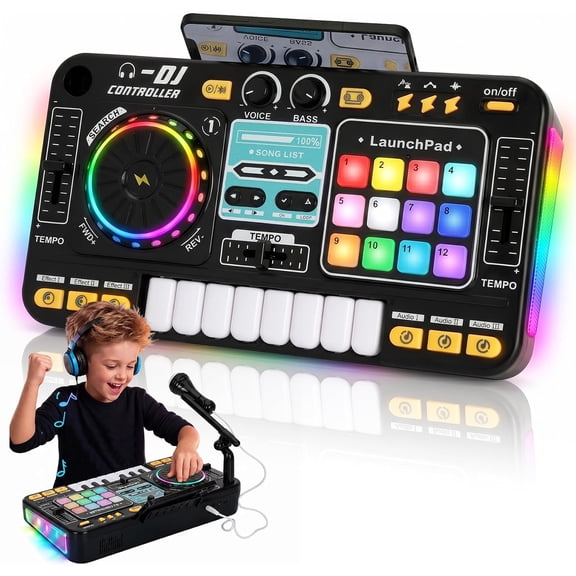 DJ Mixer for Kids, DJ Mixer Table Musical Toy with Lights & Bluetooth,Mixer Board with DJ Turntable, Game Mode,Speed Control and Microphone
