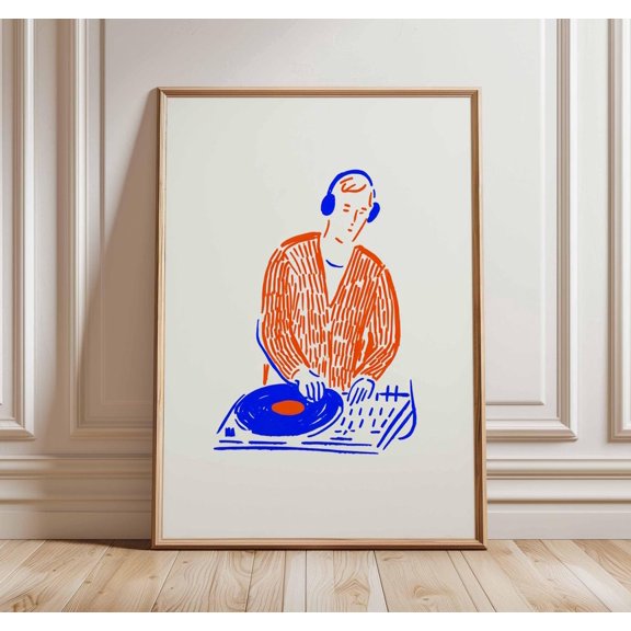DJ Modern Minimalist Music Turntable Dance Party Contemporary Room Art Print, Stretched Canvas 8x10in