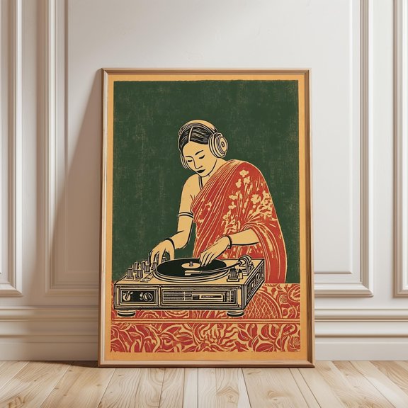 DJ Monk Print, Vintage Woodblock-Style, Poster Only