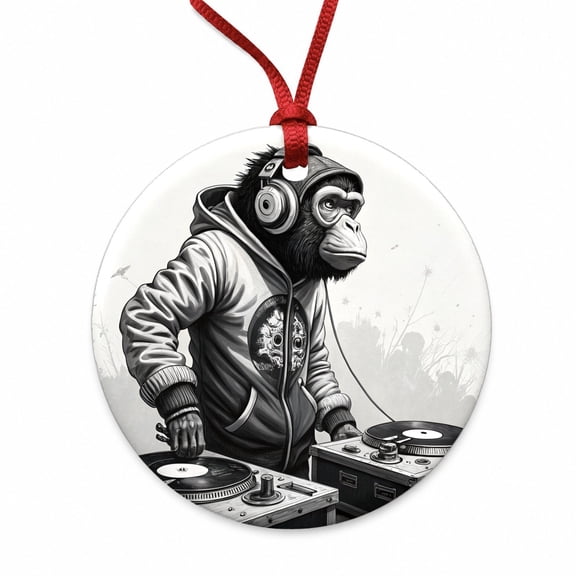 DJ Monkey with Headphones B&W Christmas Tree Holiday Round Ceramic Ornament