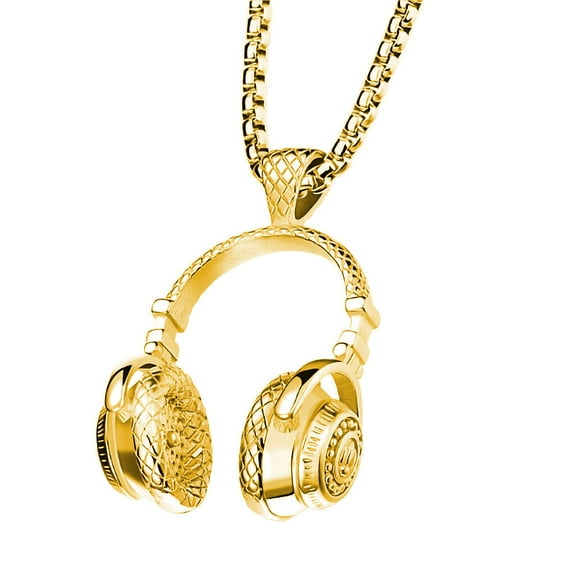 DJ Music Headphone Pendant Necklace Long Neck Chain Men Women Hip Hop Rock Jewelry Gift, Golden