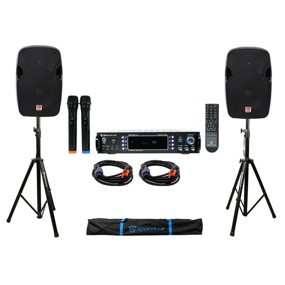DJ Package w/ (2) 12" 1200 Watt Speakers+Bluetooth Amplifier+Stands+Cables+Bag