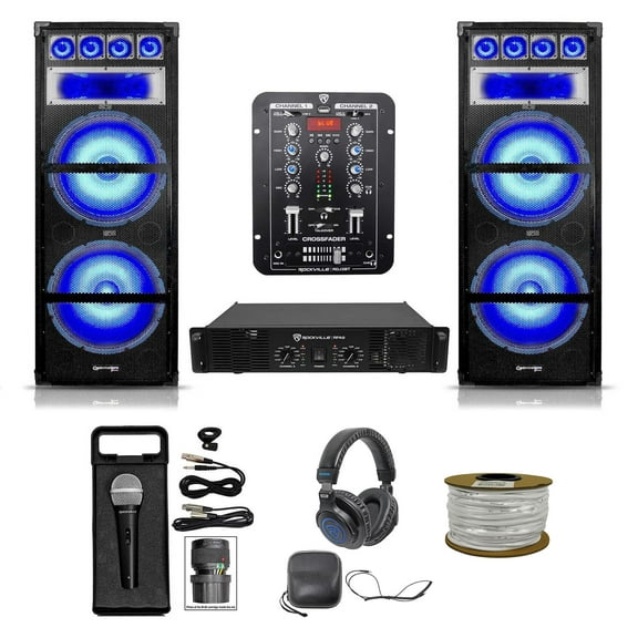 DJ Package w/ (2) Dual 15" 1800 Watt LED Speakers+Amplifier+Mixer+Mic+Headphones