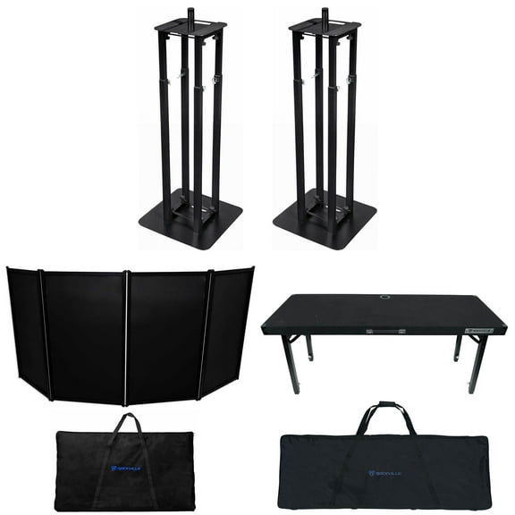 DJ Package w/Black Facade Booth+Bag+2) Totem Stands+Foldable Adjustable DJ Table