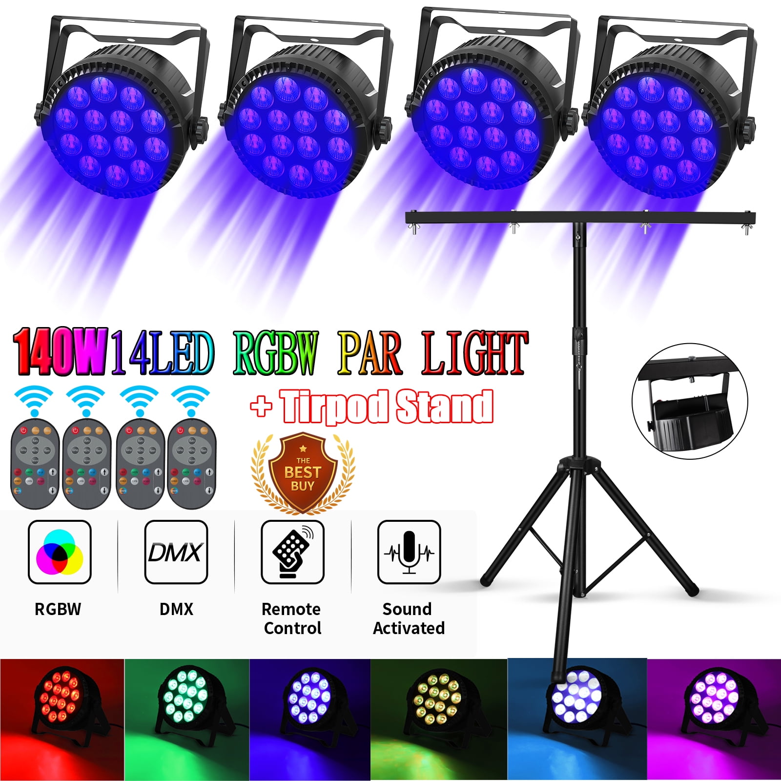 DJ Par Lights w/Stand, 4pcs RGBW 14 LED Stage Lights Sound Activated