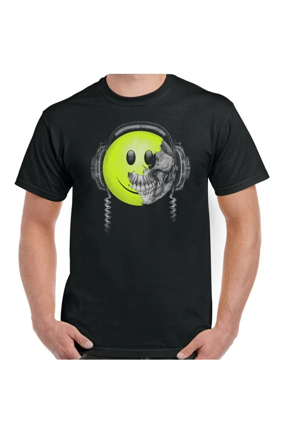 DJ Skeleton Head Smiley Style Dance Music Rave Graphic Cotton Top Unisex T-Shirt, up to size 5XL