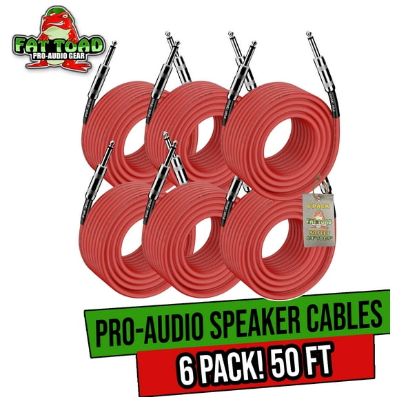 DJ Speaker Cables (6-Pack) by FAT TOAD | 50FT PA Pro Audio Red Patch Cords | 1/4-Inch Male Jack 12 AWG Wire for Amp, Studio Recording & Stage Gear