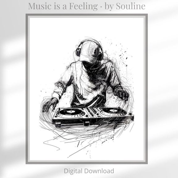DJ Turntable Poster | Modern Ink Sketch, Minimalist Music Art, Unframed Paper Poster 8x10in