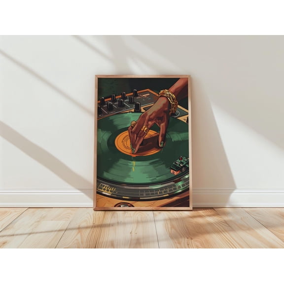 DJ Turntable Vinyl Record Art Print, Dark Green Gold Music Room Decor