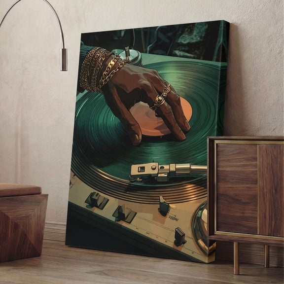 DJ Turntable Vinyl Record Hip Hop Wall Art Poster, Stretched Canvas 12x16in