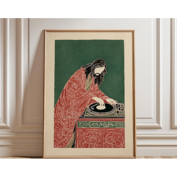 DJ Woodblock Retro Music Wall Art, Unframed Paper Poster 24x36in