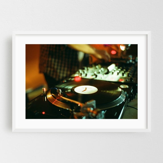 DJ playing vinyl - Photography Music Nightlife Retro White Framed Wall Art Print 12 x 18 inches