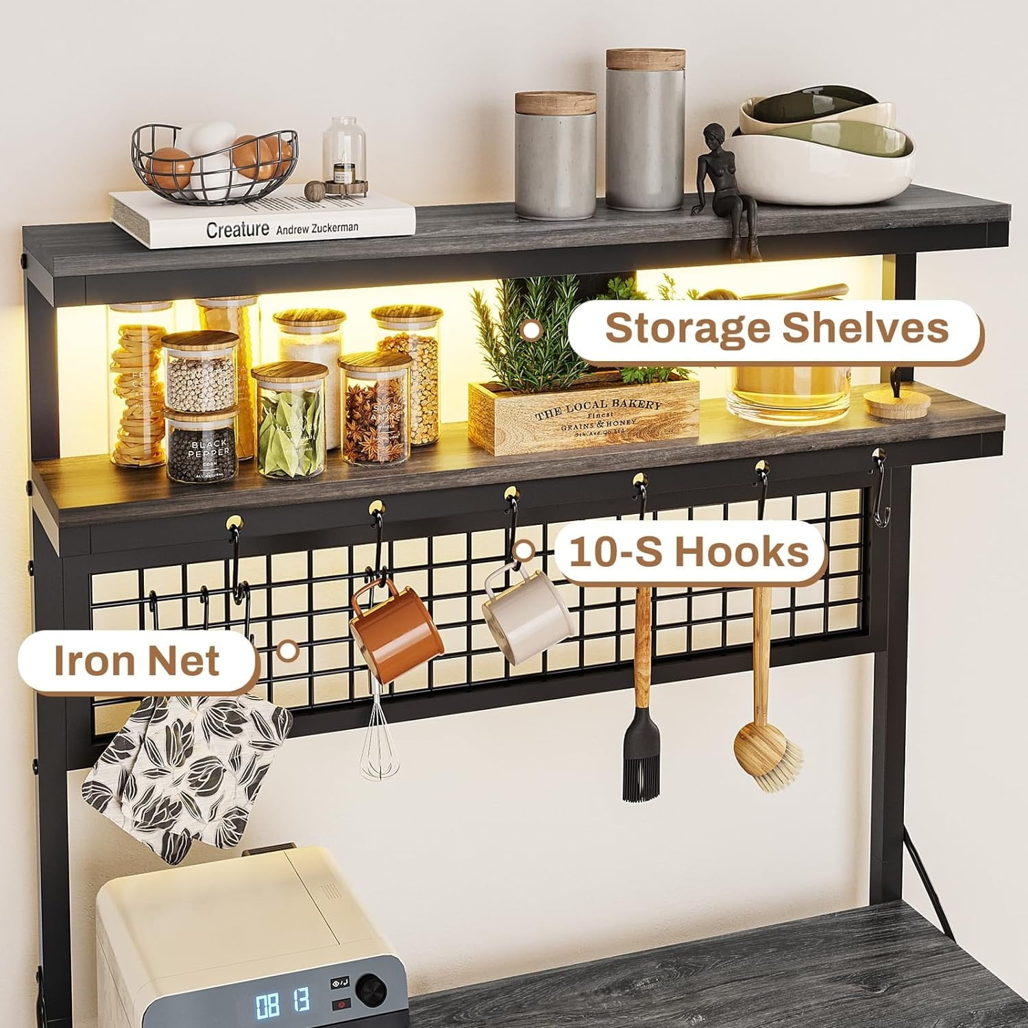 Gray 6-Tier Adjustable Baker's Rack with LED Lights and Power Outlet