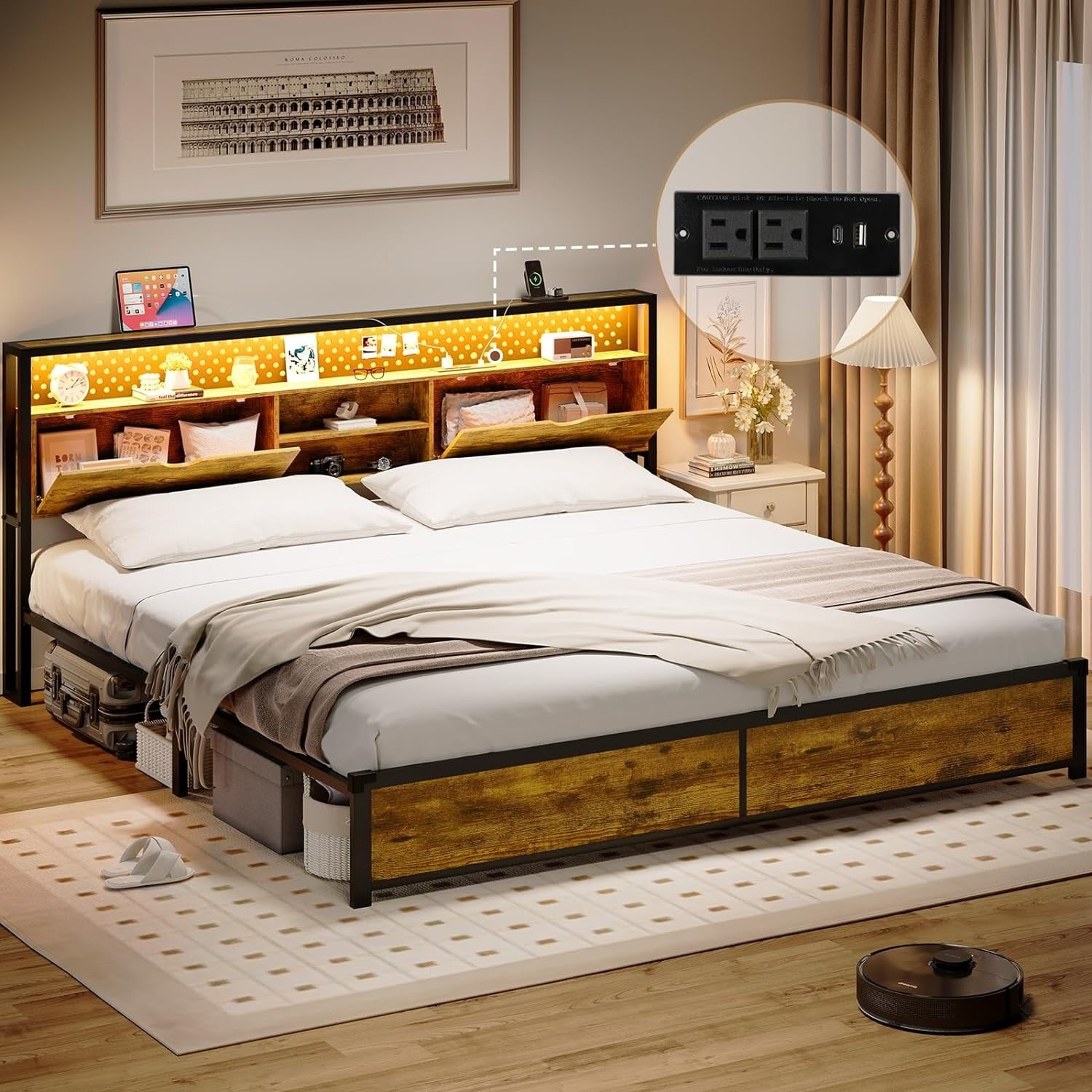 King Size Metal Frame Bed with LED Headboard and Storage