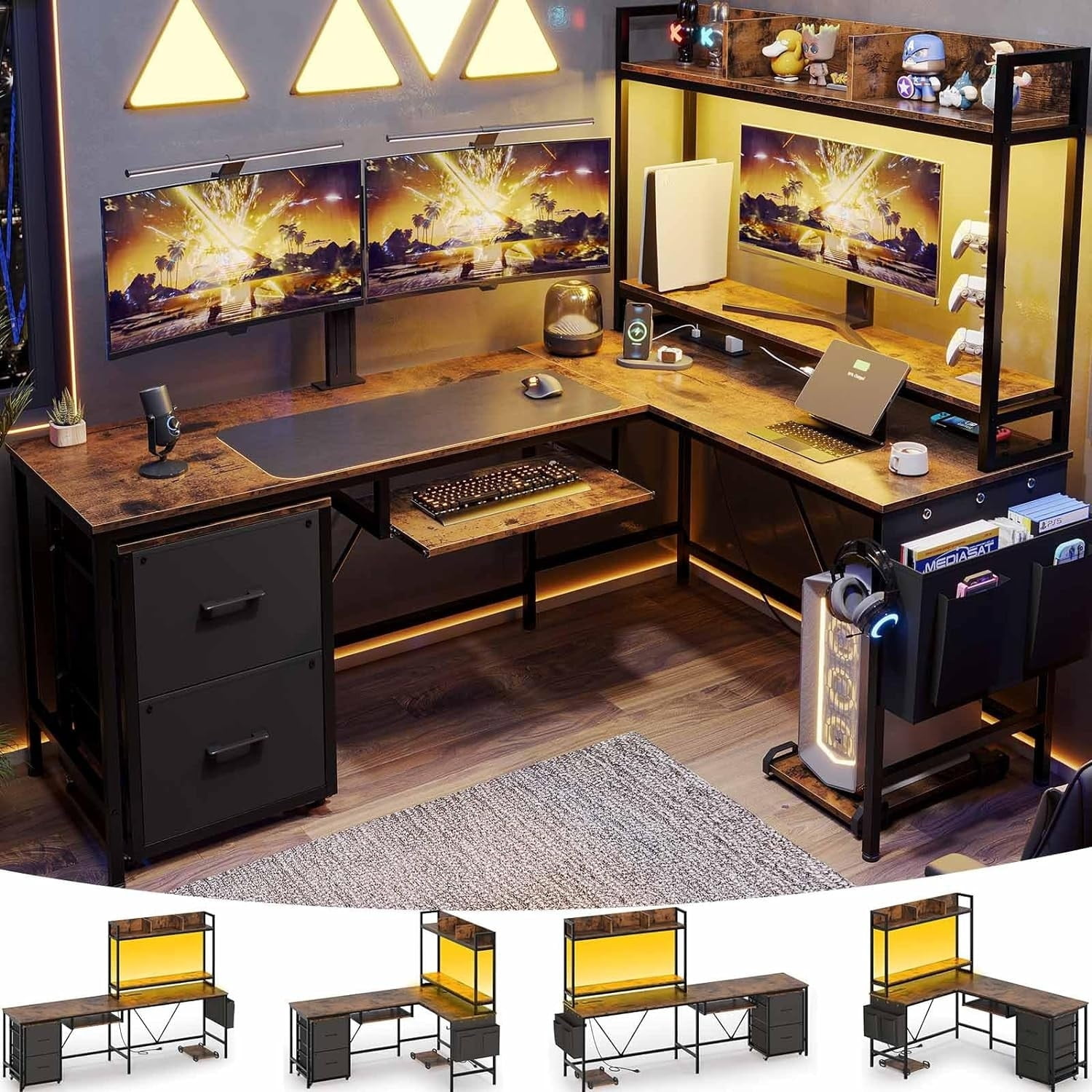 Rustic Brown L-Shaped Gaming Desk with Power Outlet and Storage