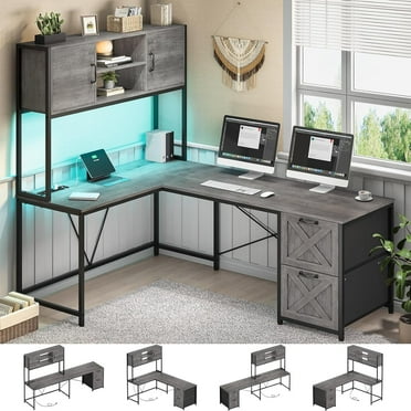 DJ503351_4 L Shaped Computer Desk with Drawers Corner Gaming Desk storage shelves Grey