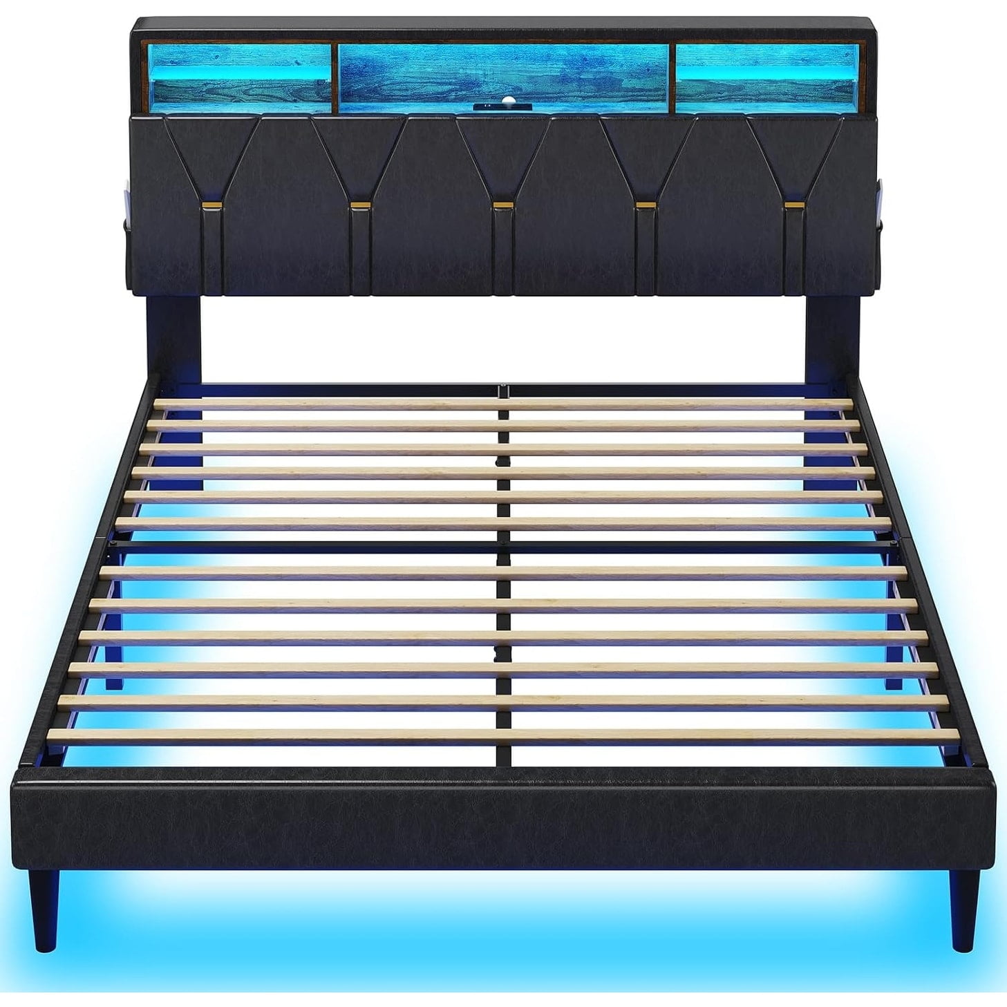 Black Full Size Upholstered Bed Frame with LED Storage Headboard
