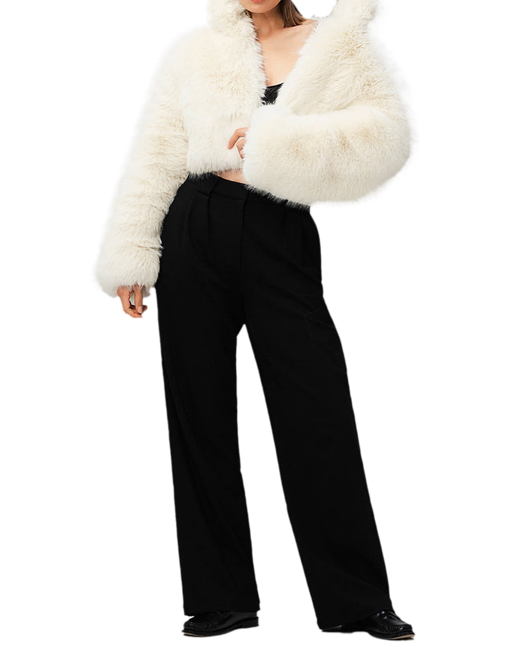 DJBM Women Stand Collar Faux Fur Short Coat Vogue Cozy Long Sleeve