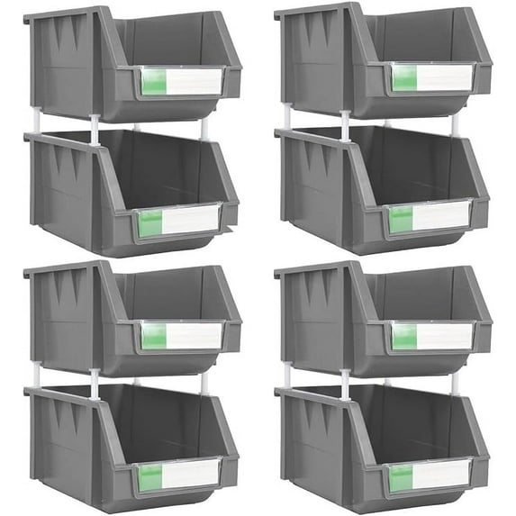 DJC Supply Grey Heavy duty thermoplastic storage bin organizer, Stackable, Hangable, Side-connect 8 Pack, LARGE 8.4" X 11" X 6.9"