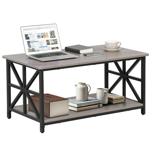 DJDG 2 Tier Wood Coffee Table for Living Room, Rectangular Center Table with Storage Shelf (Oak)