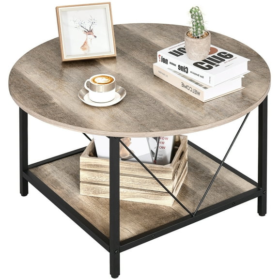 DJDG 31.5" Coffee Tables for Living Room, Round Small Coffee Table with Storage, 2 Tier Modern Coffee Table, Wood Circle Center Table with Metal Frame(Beige)