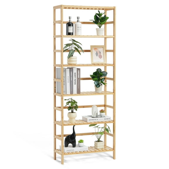 DJDG 4-6 Tier Bamboo Ladder Shelf, Open Bookcase, Display Storage Rack Organizer, Freestanding Flower Plant Stand, Ladder Bookshelf Ideal for Bathroom, Bedroom, Office, Study(Rectangle 6 Tiers)