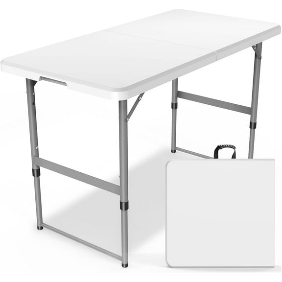 DJDG 4FT（24" x 48"） Folding Table, Indoor Outdoor Heavy Duty Table with Carrying Handle,Placstic Fold up Table for Picnic, Party, Camping，Office - White (4FT)