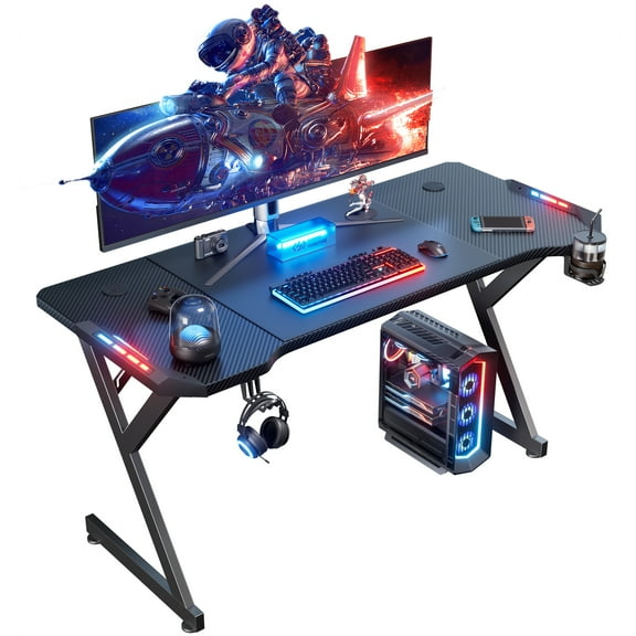 DJDG 55 Inch Gaming Desk with LED Lights, Ergonomic Computer Gaming Table with Carbon Fibre Surface, Sturdy PC Workstation Desk for Home Office with Headphone Hook, Cup Holder, Black