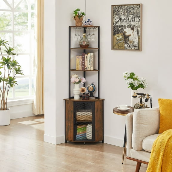 DJDG 5th floor corner shelf, high bookshelf, storage cabinet Corner Cabinet, Tall Storage Shelf, Bookshelf Display Shelves Rack for Living Room, Kitchen, Balcony, Small Space(Brown)