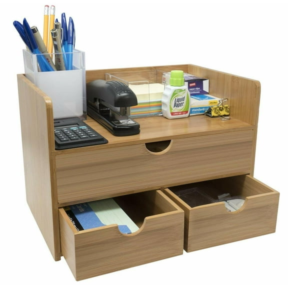 DJDG Bamboo Desk Organizer - 3-Tier 100% Bamboo Desktop Organizers Mini Bamboo Desk Drawer Tabletop Storage Box Countertop Organization 3 Drawers & Shelf - Office