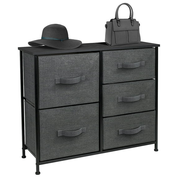 DJDG Fabric Dresser for Bedroom, 5 Drawer Dresser with Wooden Tabletop & Metal Frame, Storage Tower with Fabric Bins, Chest of Drawers for Closet, Living Room, Nursery,（Black/Charcoal）