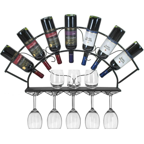 DJDG Glass Rack Wall Mounted - Bordeaux Chateau Style - Holds 7 Bottles of Your Favorite Wine - Elegant Storage for Kitchen, Dining Room, Bar, or Wine Cellar (Black)