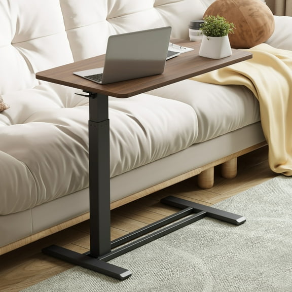 DJDG Medical Adjustable Overbed Bedside Table with Hidden Casters, Pneumatic Mobile Laptop Computer Standing Desk Cart with Tray, Hospital and Home Use(27.6" W x 15.7" D, Walnut)