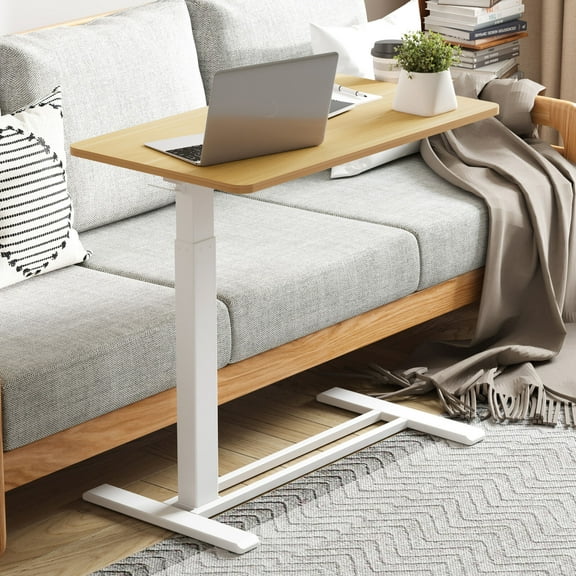 DJDG Medical Adjustable Overbed Bedside Table with Hidden Casters, Pneumatic Mobile Laptop Computer Standing Desk Cart with Tray, Hospital and Home Use(27.6" W x 15.7" D, Maple)