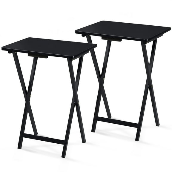 DJDG Wood 2-Pack TV Tray Folding Dinner Table w/Collapsible Storage Rack, Dining Room Bedroom Living Room Black